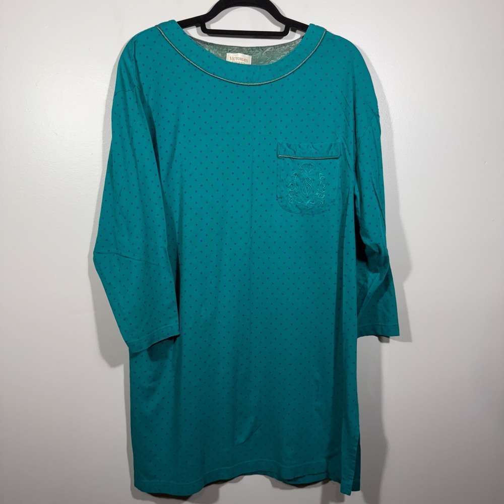Vintage Victoria's Secret Sleep Shirt Teal Purple Dot‎ Embroidered Pocket M/L